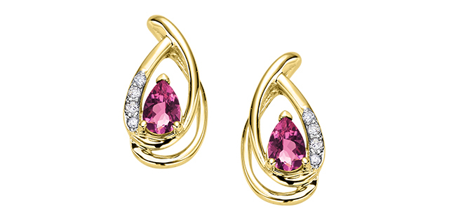 Boucles d'oreilles fixes or jaune 10 carats, tourmalines roses, 4 points de diamants total - DX956YPT - Corona