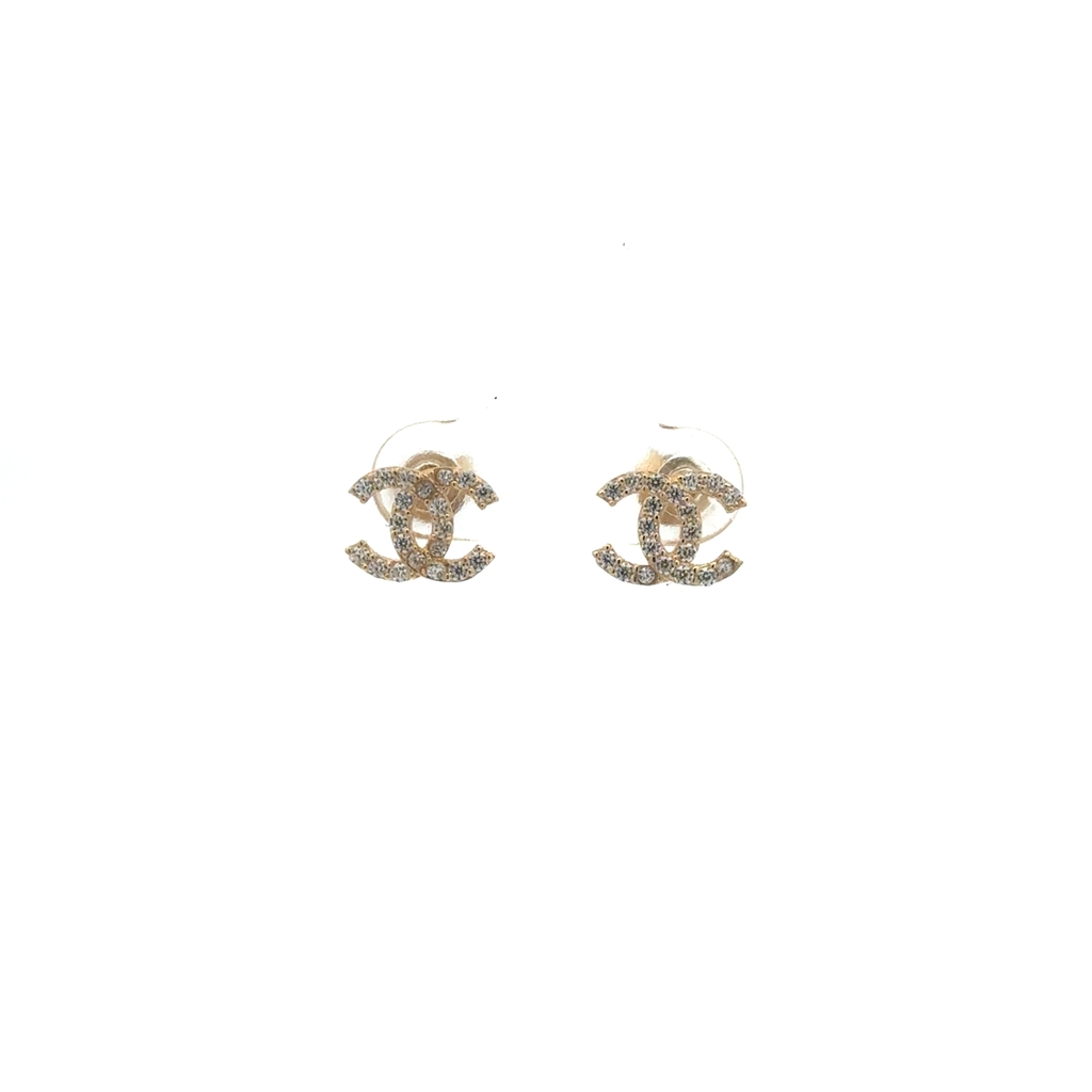 Boucles d'oreilles fixes de style Coco Chanel, or jaune 10 carats, zircons incolores