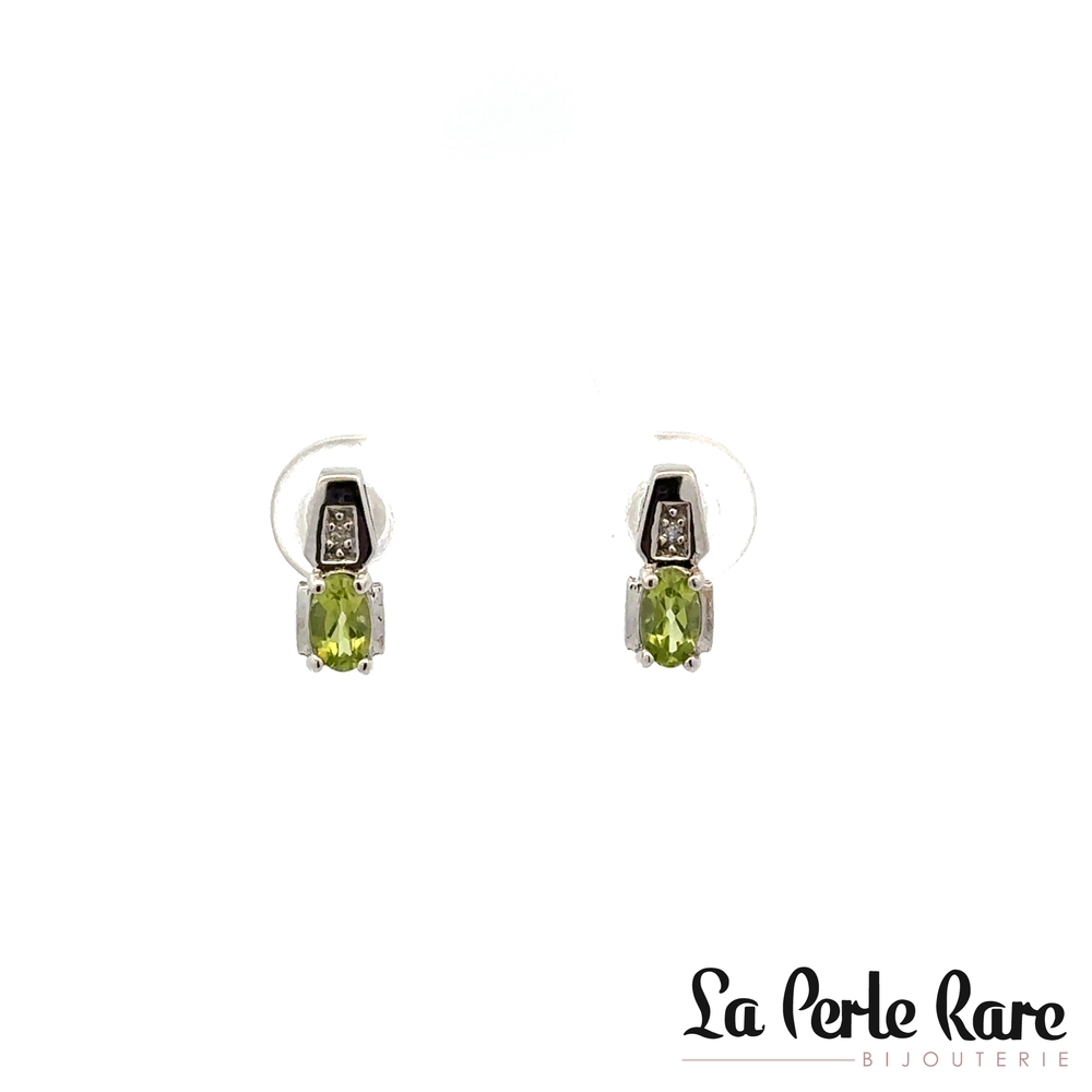 Boucles d'oreilles fixes or blanc 10 carats, péridots, 1 point de diamant total - DX258PER - Corona