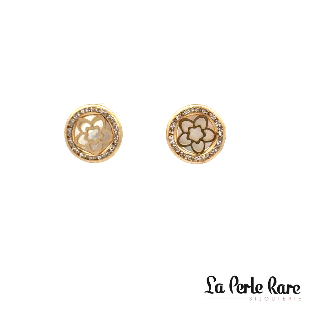 Boucles d'oreilles fixes fleurs, or jaune 10 carats, nacre de perle, zircons incolores - 2971-BO - ExclusivitÉs