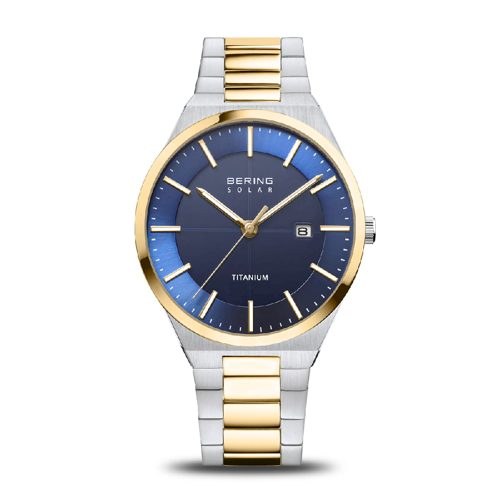 Montre solaire, titane 2 tons (blanc/jaune), fond bleu - 14439-717 - Bering