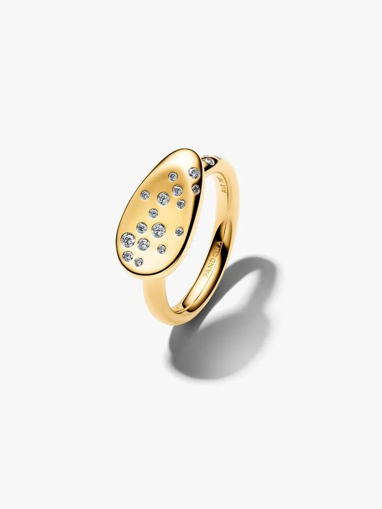 Bague chevalière ovale, métal unique plaqué d'or 14 carats, zircons incolores