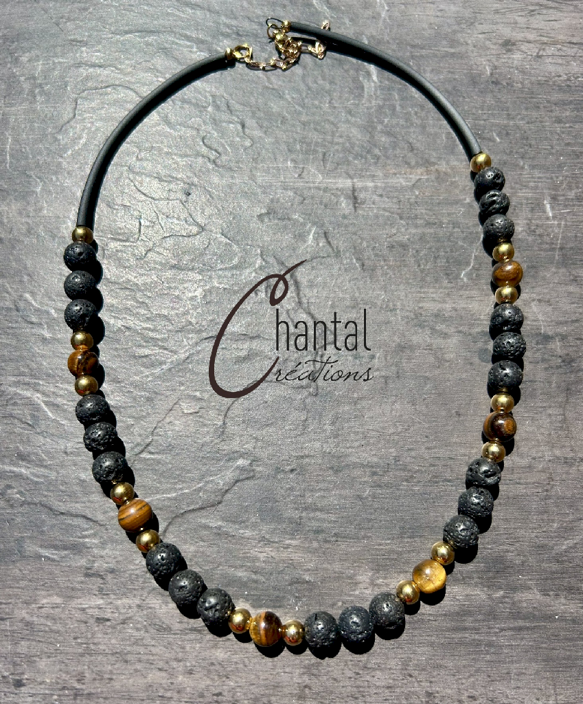 Collier Patrick doré, pierre de lave, oeil-de-tigre marron, acier inoxydable doré, pvc