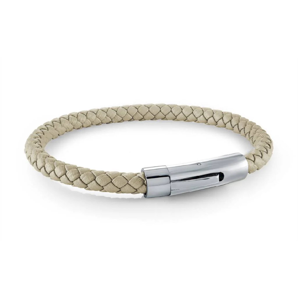 Bracelet cuir beige tressé, acier inoxydable