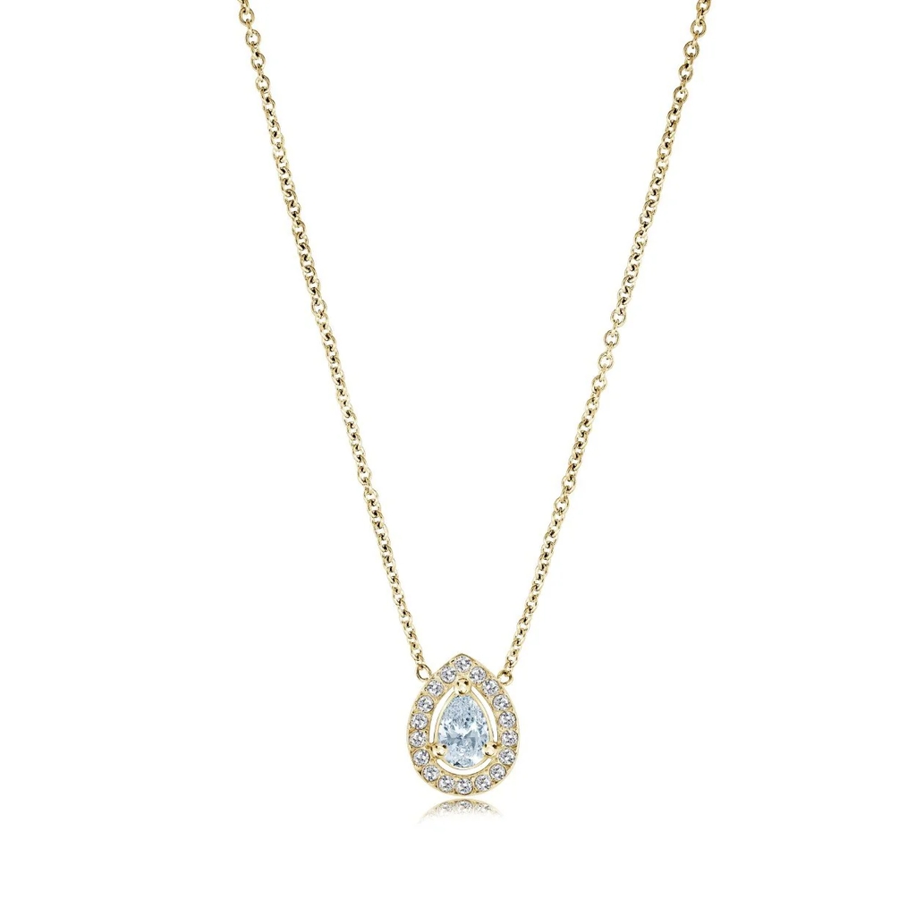 Collier halo poire, acier inoxydable doré, zircons incolores