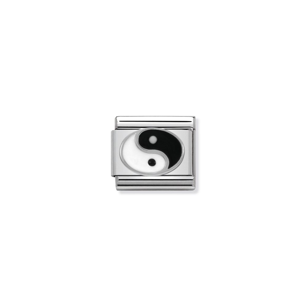 Maille classique yin yang, acier inoxydable, argent, émail noir et blanc Maille classique yin yang, acier inoxydable, argent, émail noir et blanc