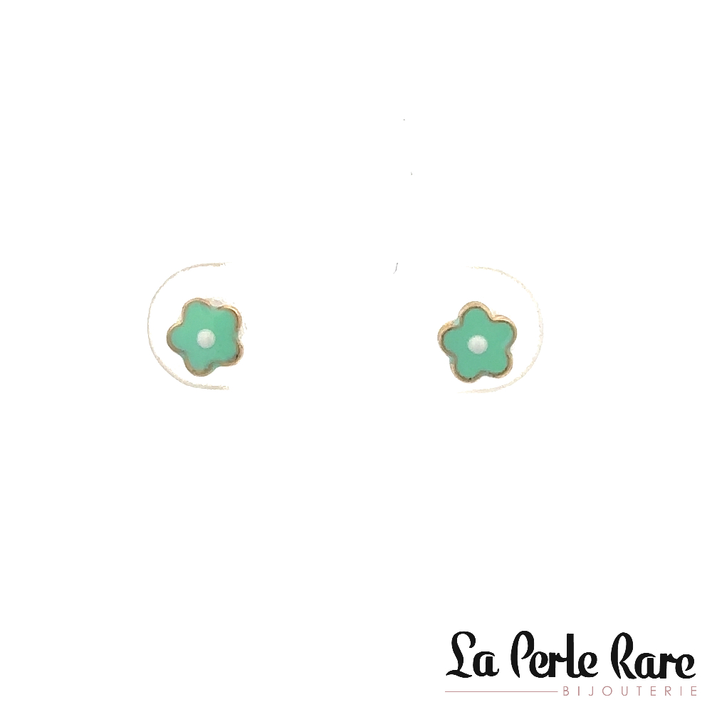 Boucles d'oreilles fixes vissées, fleurs, or jaune 10 carats, émail vert et blanc - 7527-VERT - Exclusivités