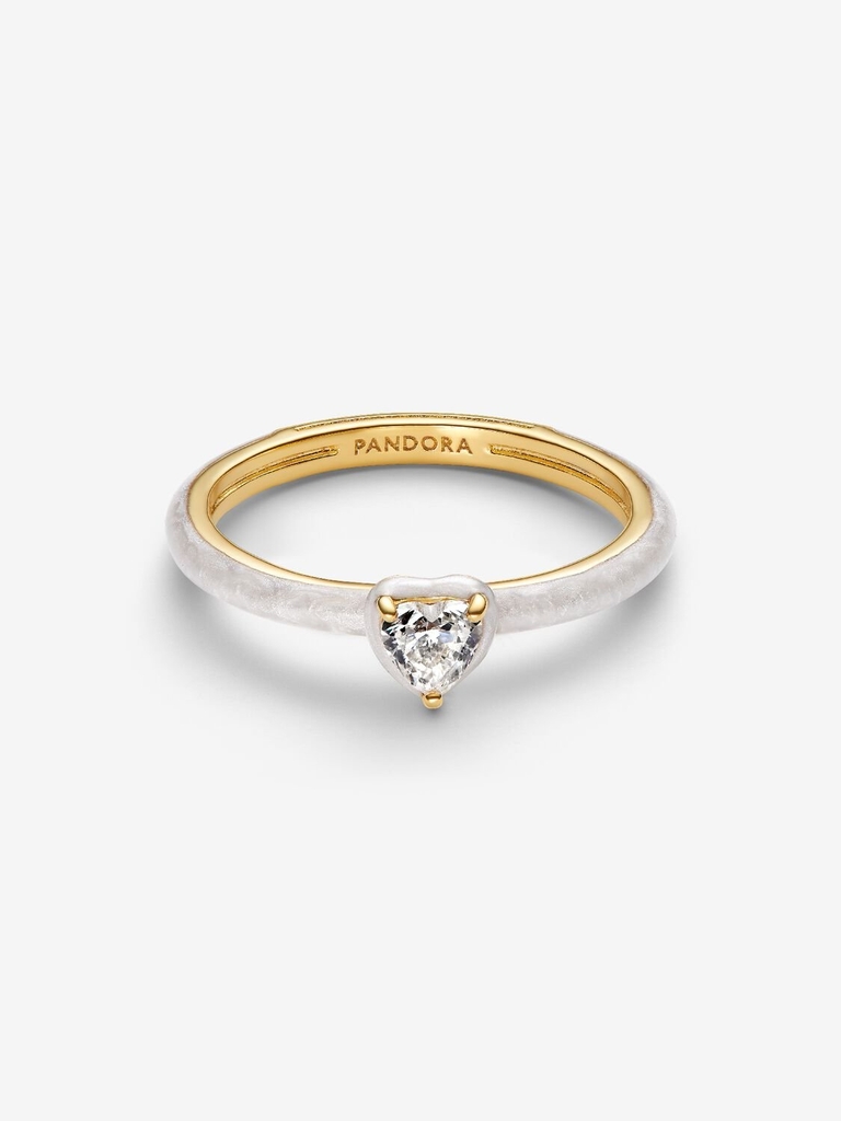 Bague coeur chakra, métal doré, zircon incolore, émail blanc - 163088C01-52 - Pandora