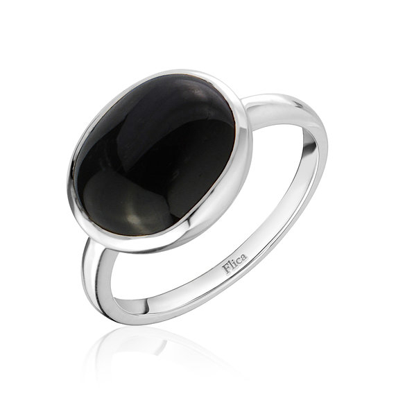 Bague or blanc 14 carats, pierre noire - ANP4285 - Exclusivités