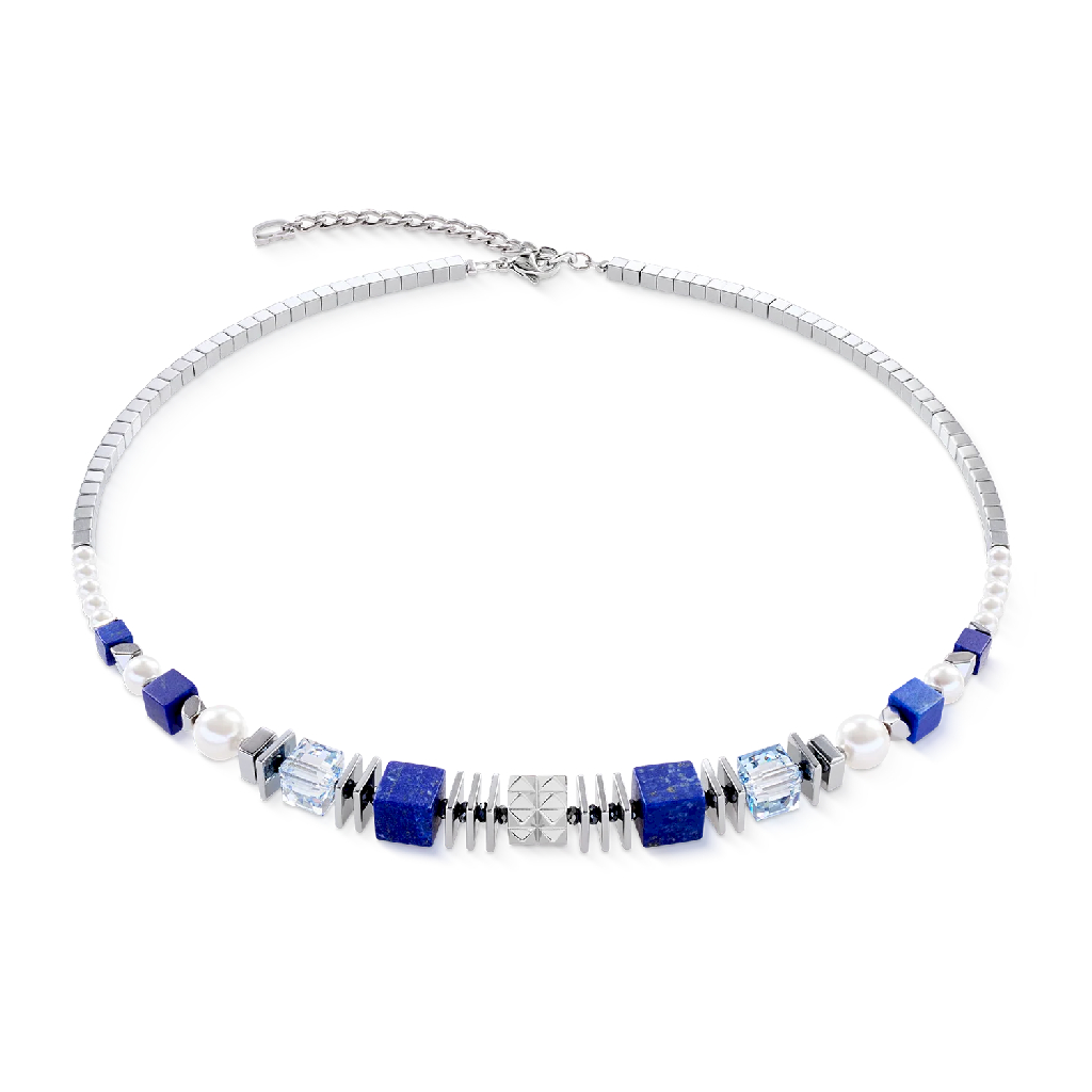 Collier acier inoxydable, verre, cristaux, perles