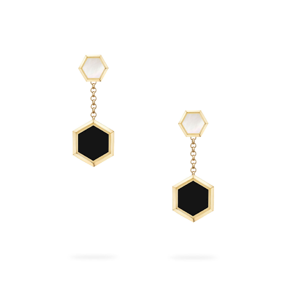 Boucles d'oreilles pendantes Birks Bee Chic, or jaune 18 carats, nacre de perle, onyx - 450018616074 - Birks