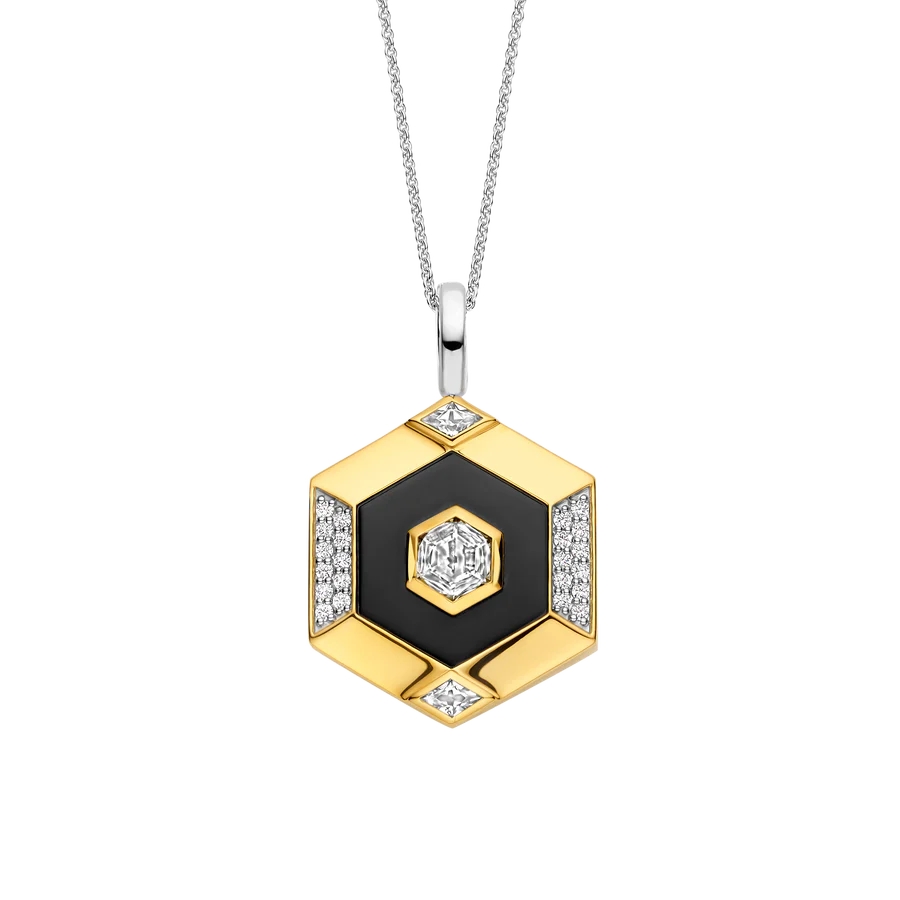Pendentif hexagone argent 2 tons (blanc et jaune), zircons incolores, pierre noire - 6838BL - Ti Sento