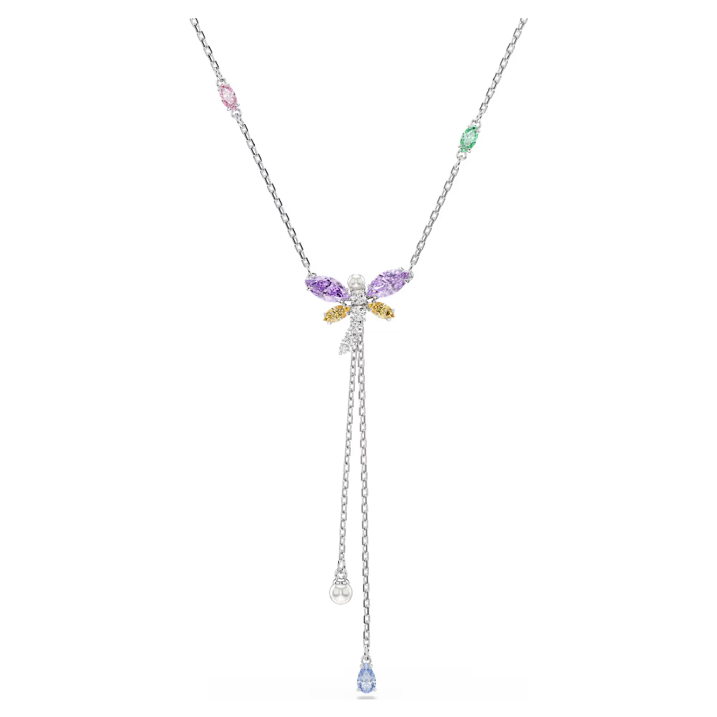 Collier Ariana Grande, libellule, métal rhodié, cristaux multicolores, perles