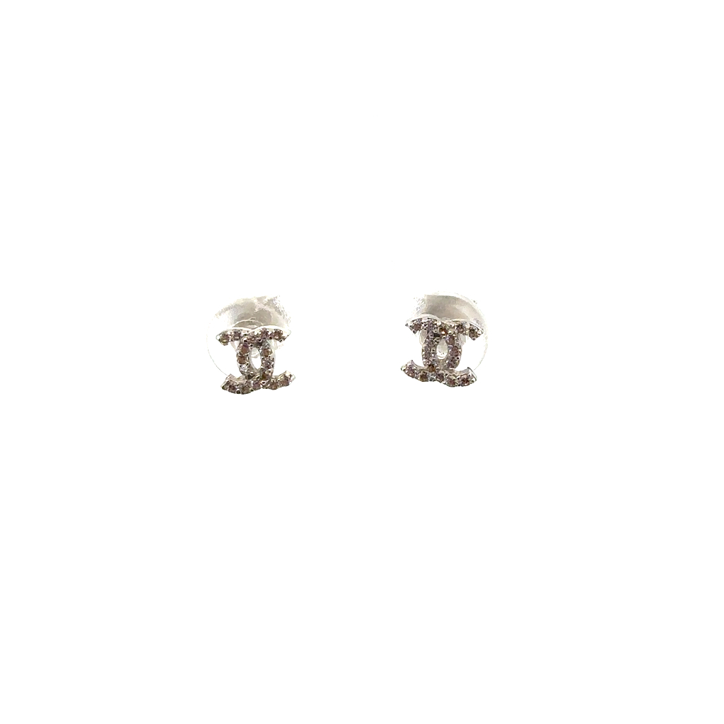 Boucles d'oreilles fixes de style Coco Chanel, or blanc 10 carats, zircons incolores - EKP-1064-PETIT - Exclusivités