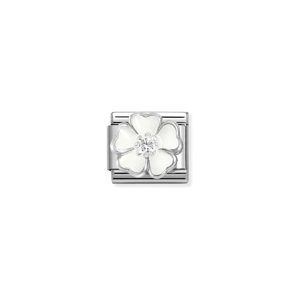 Maille classique fleur, acier, argent, émail blanc, zircon incolore