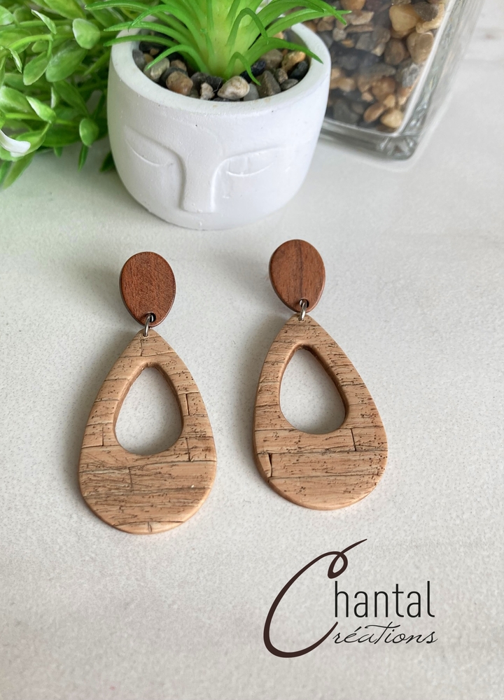 Boucles d'oreilles pendantes Marilou bois, argile polymère, bois, acier inoxydable - 25-BO-17 - Création Chantal