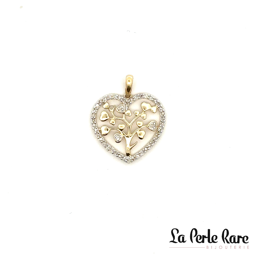 Pendentif coeur/arbre de vie, or jaune 10 carats, 20 points de diamants total