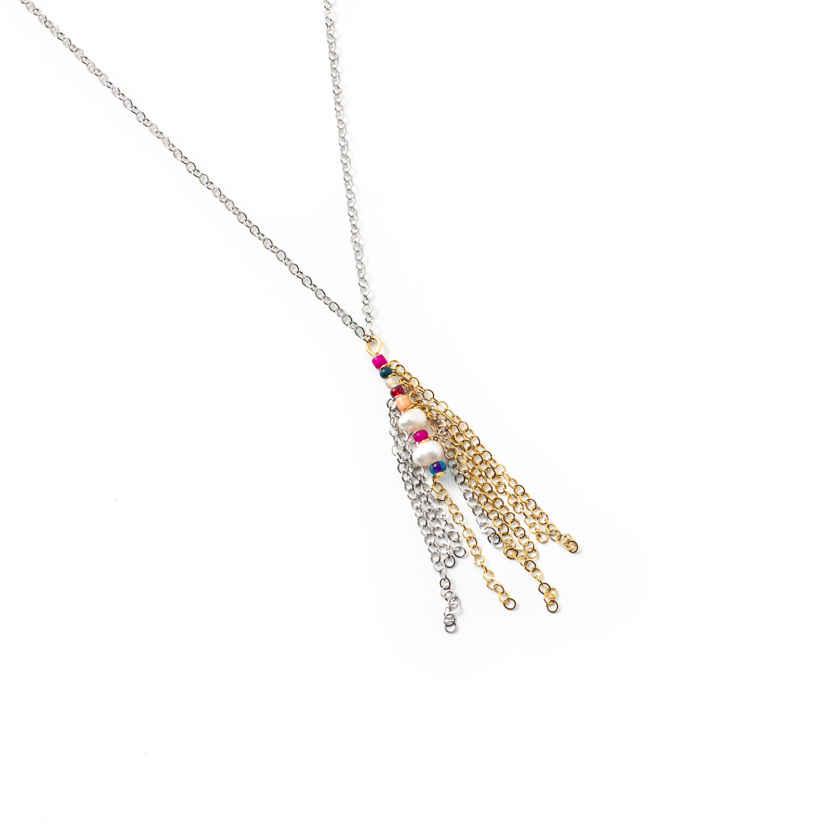 Collier acier 2 tons (blanc/jaune), perles, verre - CAMELI-UTOPIE - Anne-marie Chagnon