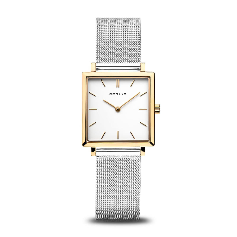 Montre carrée, acier inoxydable 2 tons (blanc/jaune), fond blanc - 18226-010 - Bering