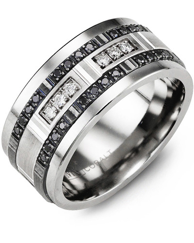 Jonc cobalt, or 2 tons (blanc et noir) 10 carats, 36 points de diamant noir et blanc total, 11 millimètres - MJW110BX-36D - Madani