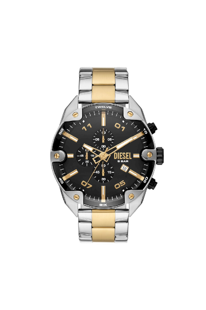 Montre Diesel acier inoxydable deux tons (blanc et jaune), fond noir