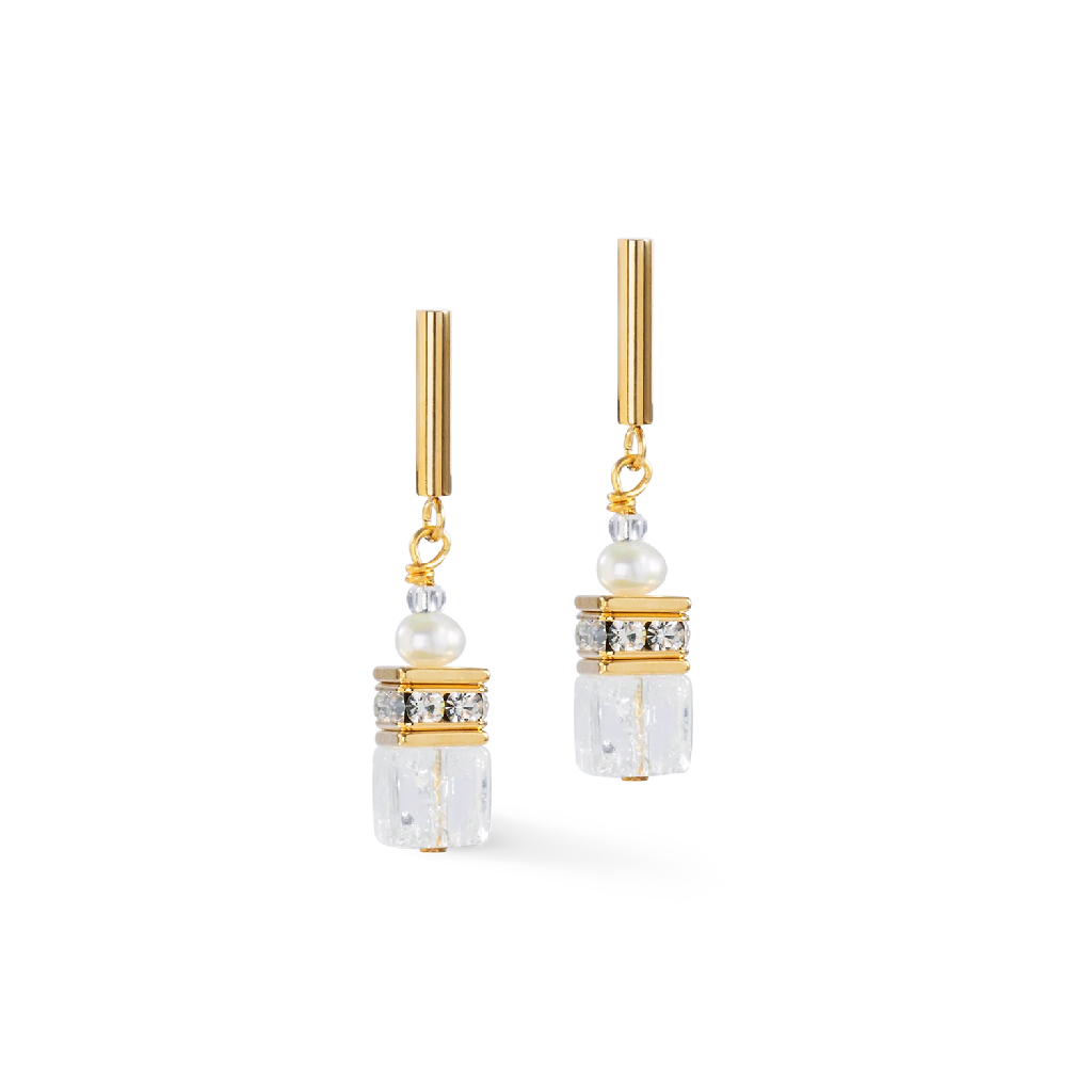 Boucles d'oreilles pendantes GeoCube, acier inoxydable doré, verre, cristaux, perles d'eau douce Boucles d'oreilles pendantes GeoCube, acier inoxydable doré, verre, cristaux, perles d'eau douce