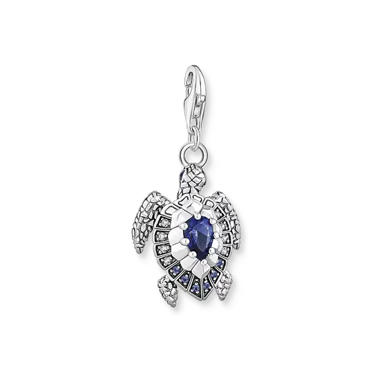 Charm tortue, argent, zircons bleus
