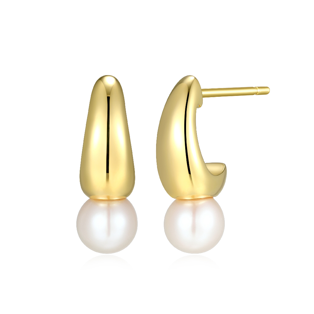 Boucles d'oreilles fixes argent finition or jaune 18 carats, perles 6 millimètres