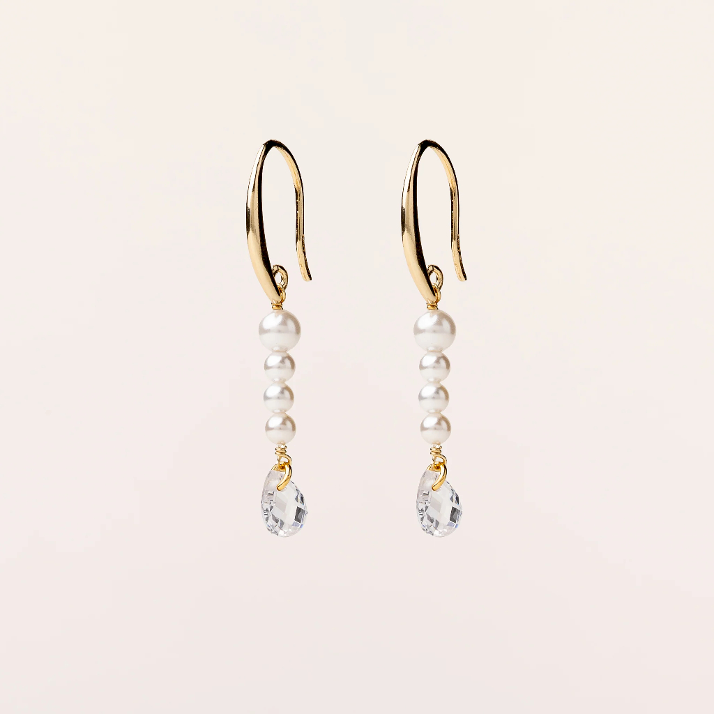Boucles d'oreilles pendantes Dora Short, argent plaqué or 14 carats, perles synthétiques, zircons incolores