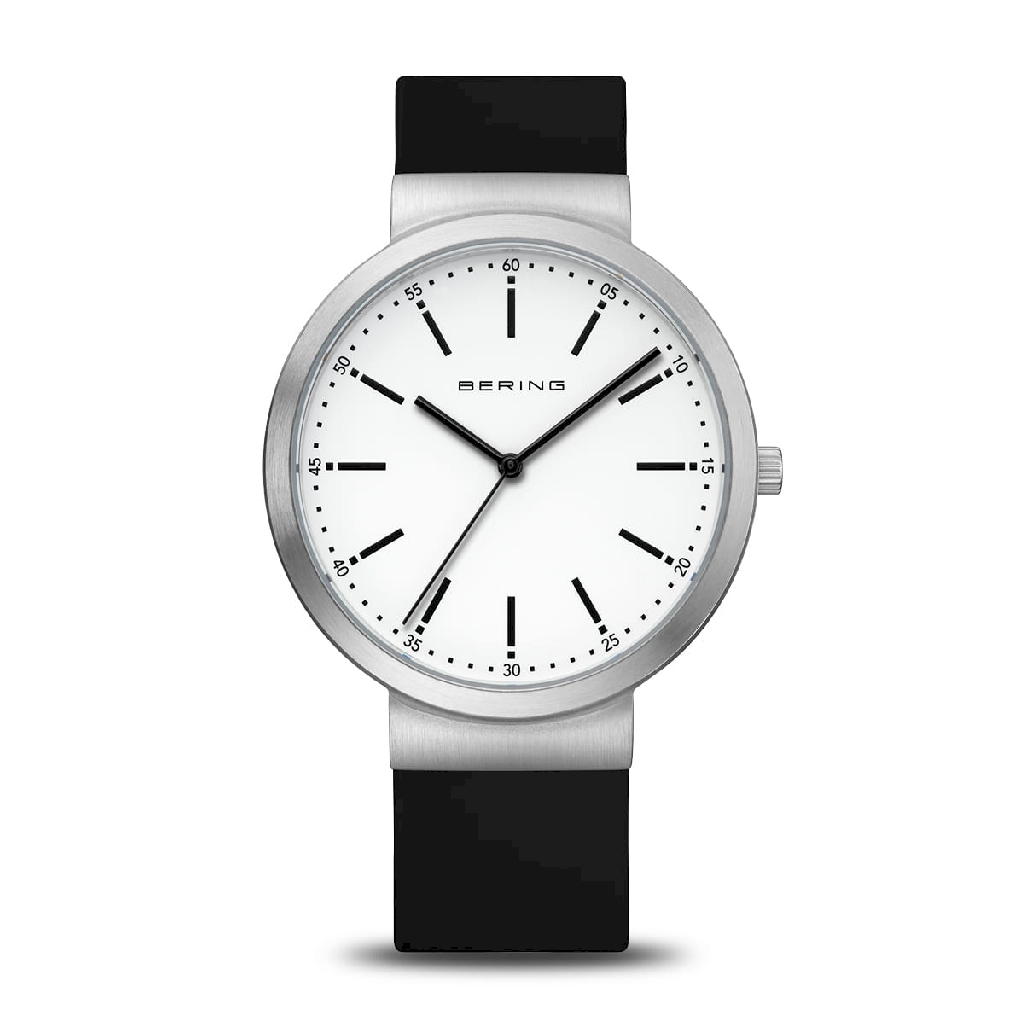 Montre silicone noir, acier inoxydable, fond blanc