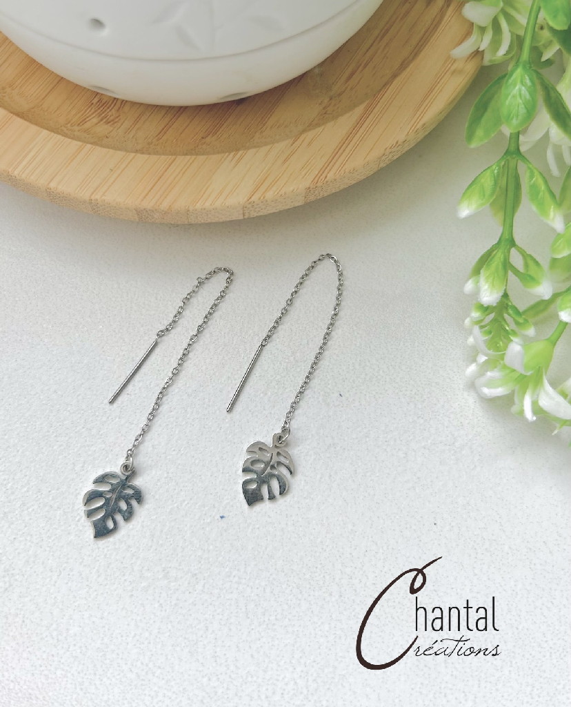 Boucles d'oreilles chaînette Shany monstera argentée, acier inoxydable