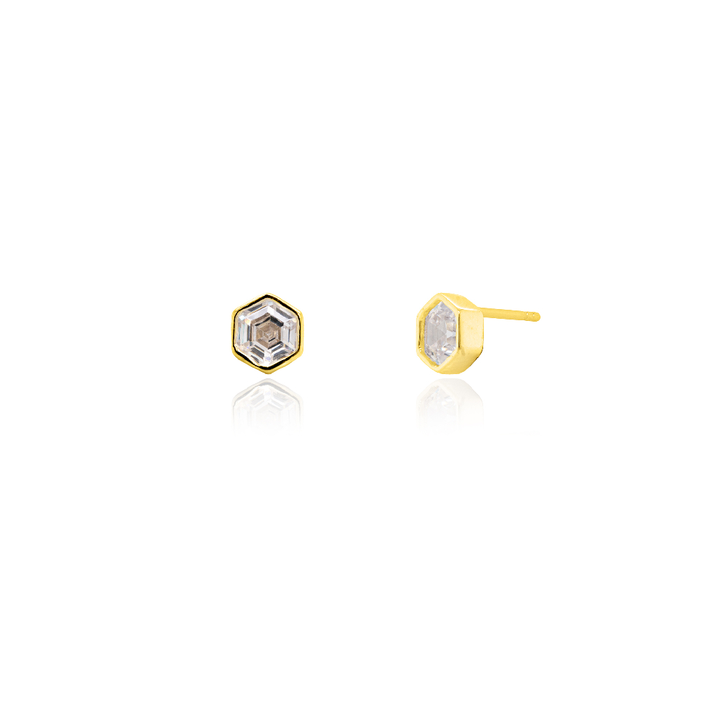 Boucles d'oreilles fixes hexagonales, argent finition or jaune, zircons incolores - ST-1702-G - Exclusivités