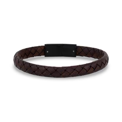 Bracelet cuir brun tressé, acier inoxydable noir - AS-B196-7.5 - Arz Steel