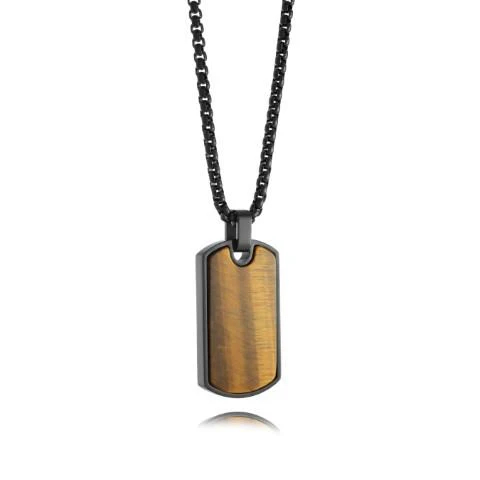 Pendentif plaque, acier inoxydable noir, oeil-de-tigre