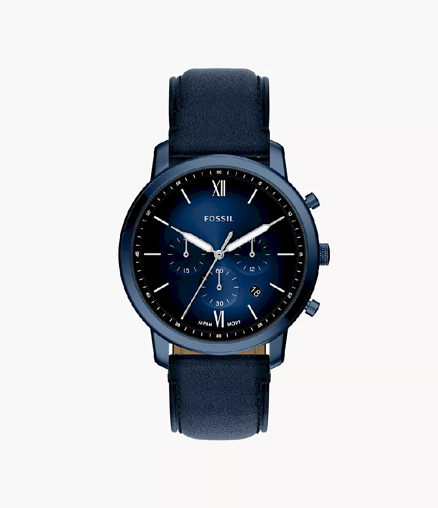 Montre Fossil chronographe acier inoxydable bleu, bracelet en cuir marine, cadran bleu