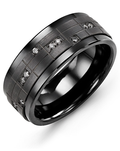 Jonc céramique noire, or noir 10 carats, 24 points de diamant total, 9 millimètres - MKR910CF-24R - Madani