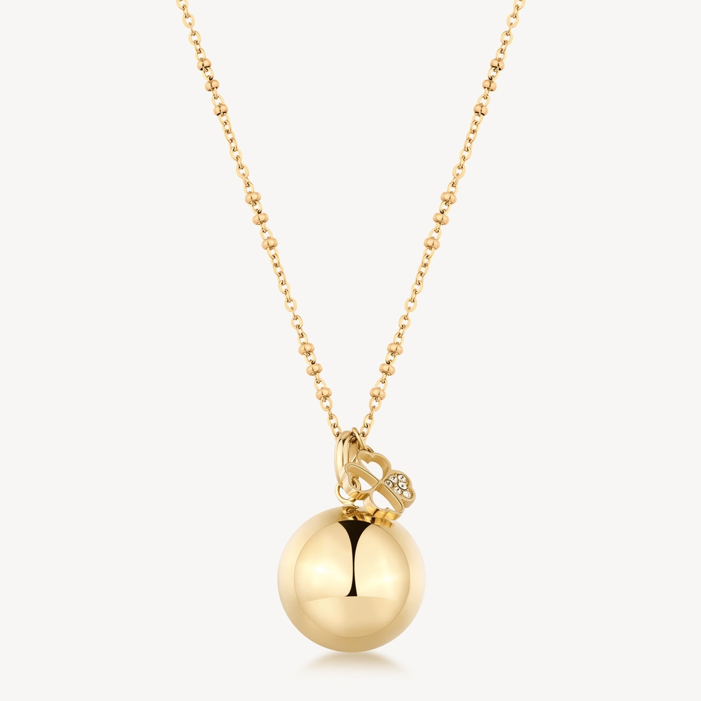 Pendentif bola de grossesse, trèfle à quatre feuilles, acier inoxydable doré, cristaux incolores - BHKN155 - Brosway Italia