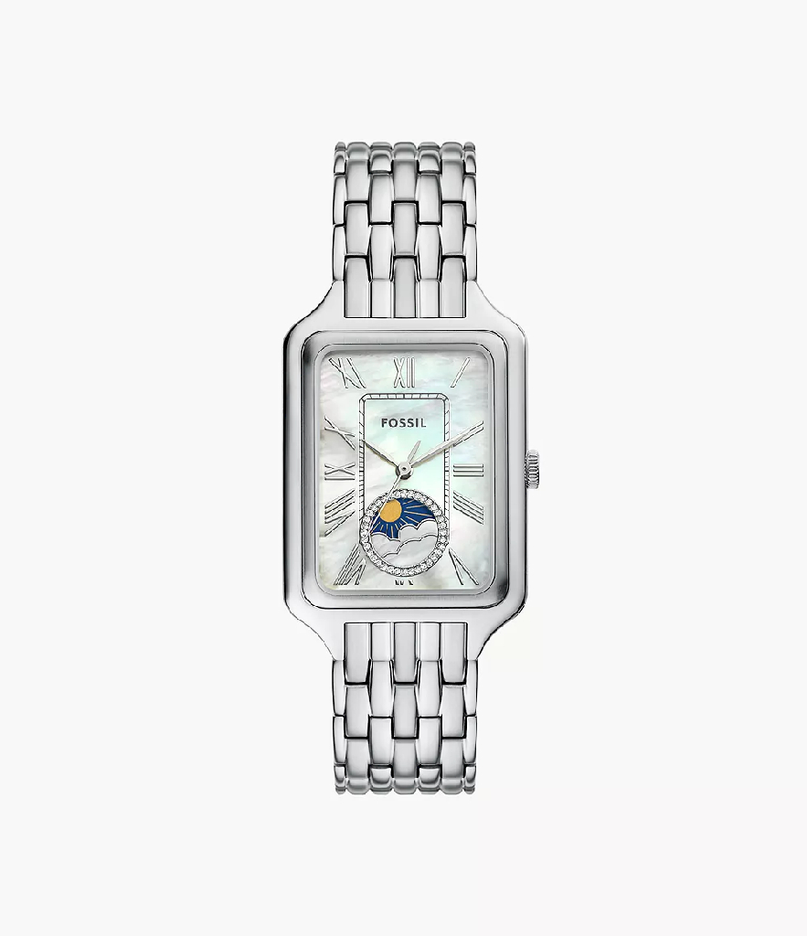 Montre rectangulaire, acier inoxydable, fond nacré, zircons incolores