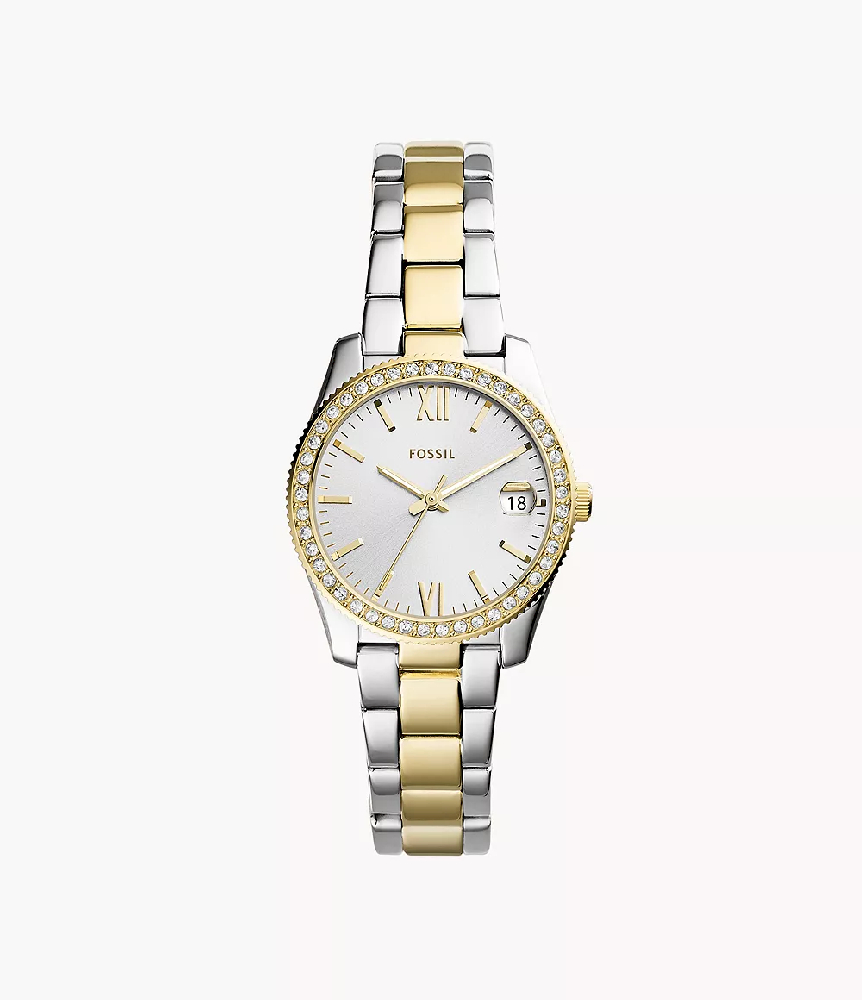 Montre acier inoxydabl 2 tons (blanc/jaune), zircons incolores - ES4319 - Fossil