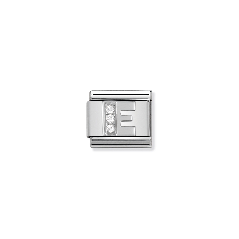 Maille classique lettre E, acier inoxydable, argent, zircons incolores - 33030105 - NOMINATION