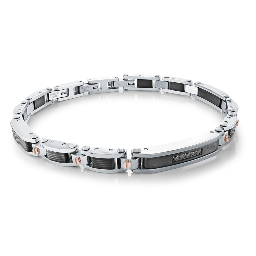 Bracelet acier inoxydable 3 tons (blanc, noir et rose), zircons noirs - SMB846 - Italgem Steel