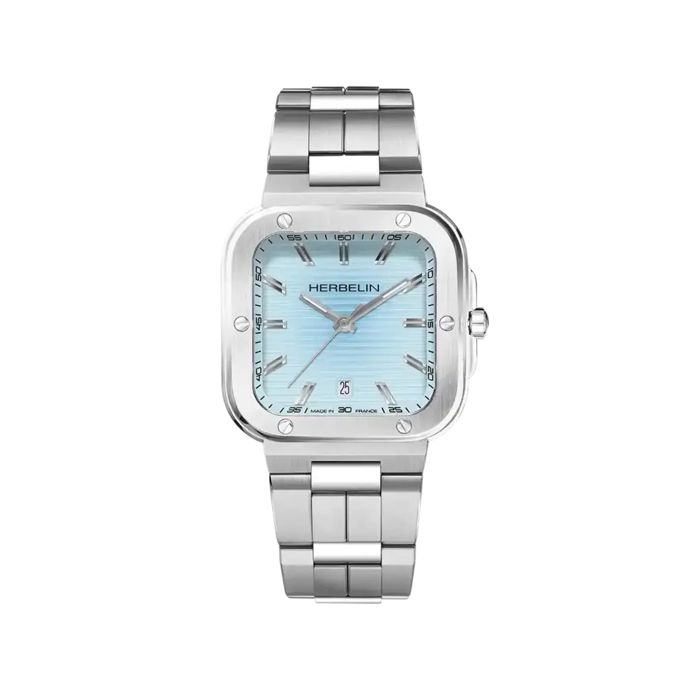 Montre carrée, acier, fond bleu - 12246B25 - Herbelin