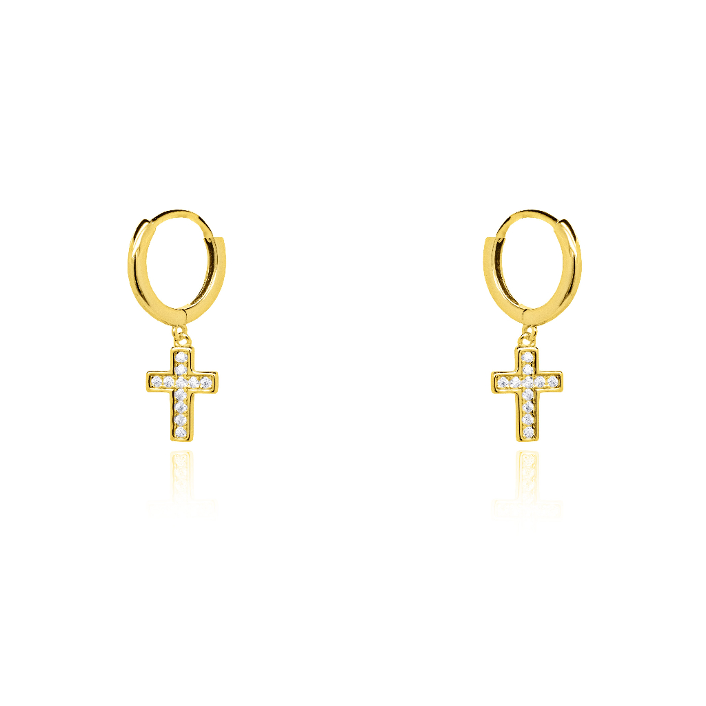 Huggies croix, argent finition or jaune, zircons incolores - HUG-1156 - Exclusivités