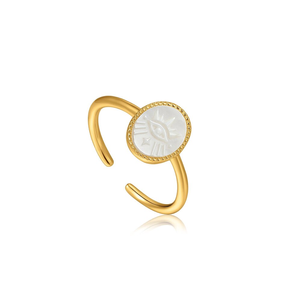 Bague ouverte oeil du mal, argent doré, nacre Bague ouverte oeil du mal, argent doré, nacre