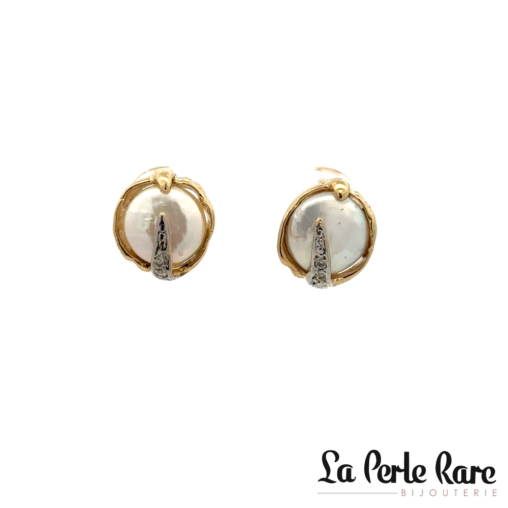 Boucles d'oreilles fixes or 2 tons (jaune/blanc) 10 carats, perles baroques, 4 points de diamants total - LPR-2662 - Exclusivités