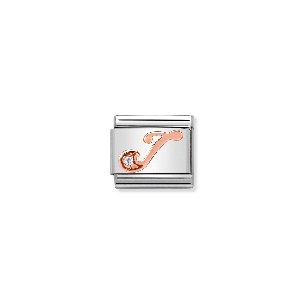 Maille classique lettre J, acier inoxydable, or rose 9k, zircon incolore - 43031010 - NOMINATION