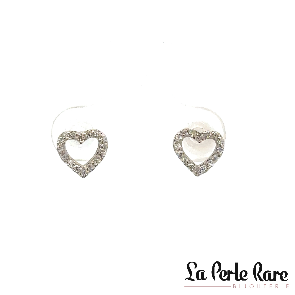 Boucles d'oreilles fixes coeurs, or blanc 10 carats, zircons incolores - 11253-7B - Exclusivités