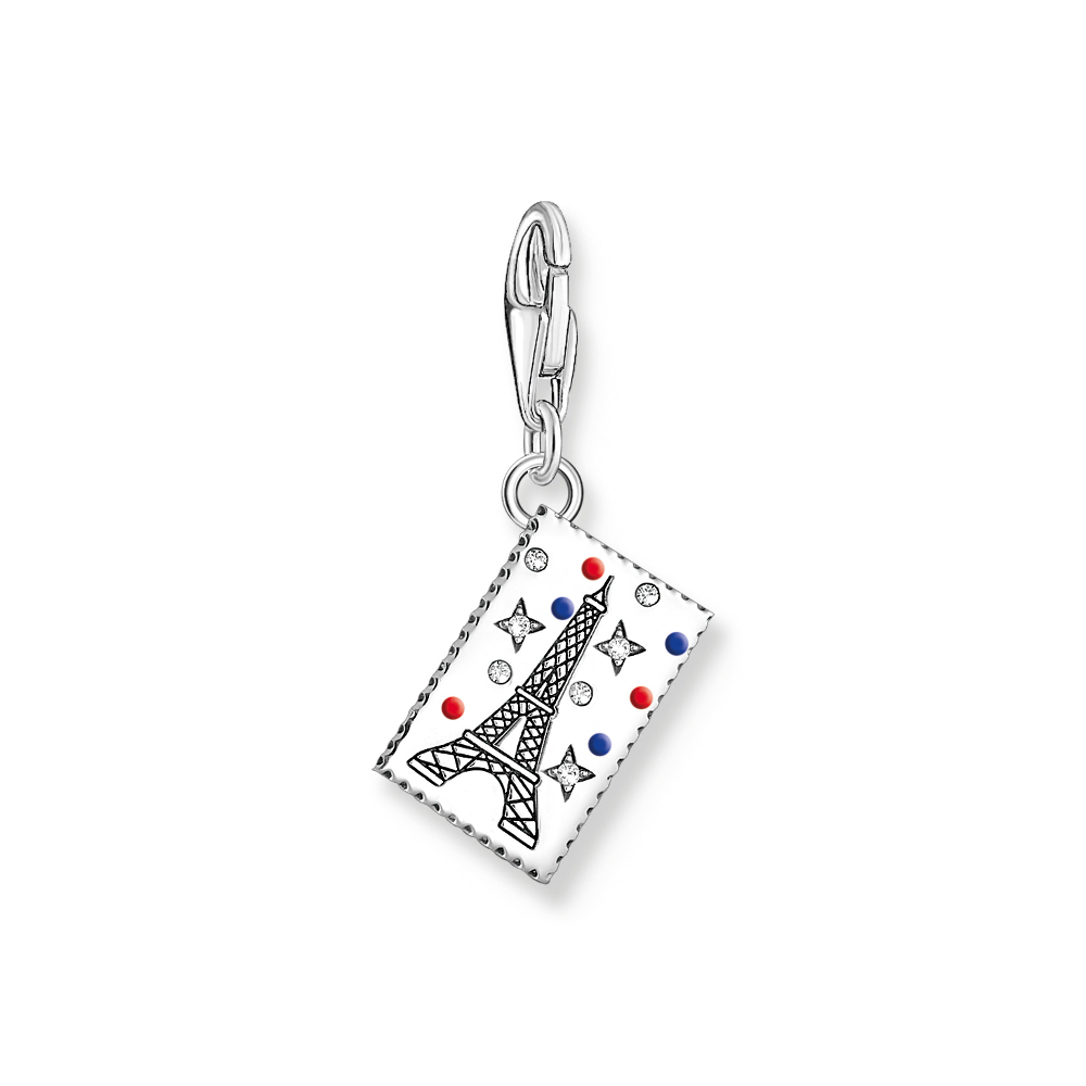 Charm timbre-poste Tour Eiffel, argent, émail bleu/blanc/rouge, zircons - 2082-691-7 - Thomas Sabo