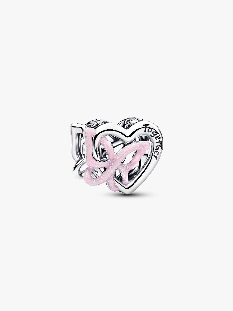 Bille coeur et papillon entrelacés, argent, émail rose