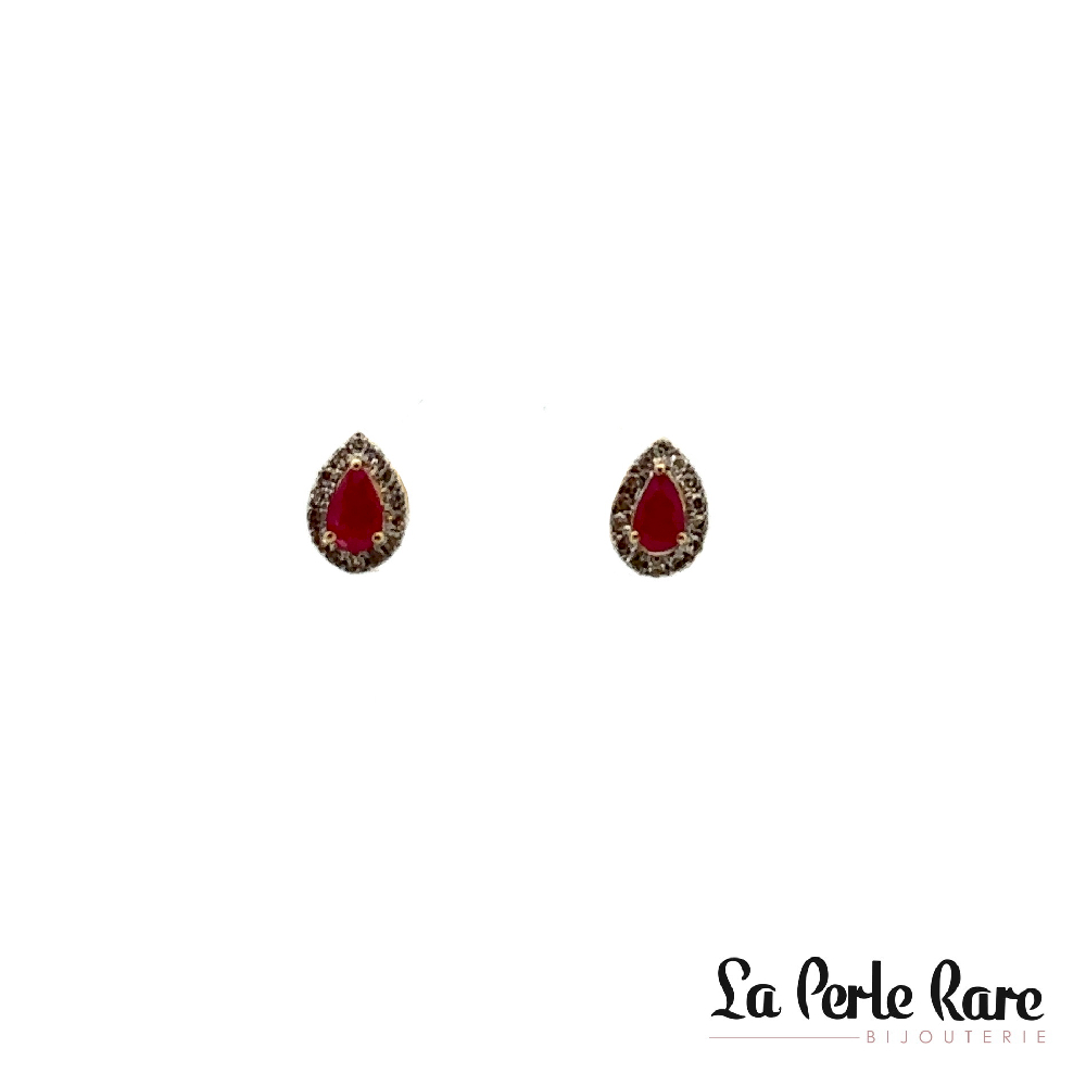 Boucles d'oreilles fixes or jaune 10 carats, 5 points de rubis total, 14 points de diamants total